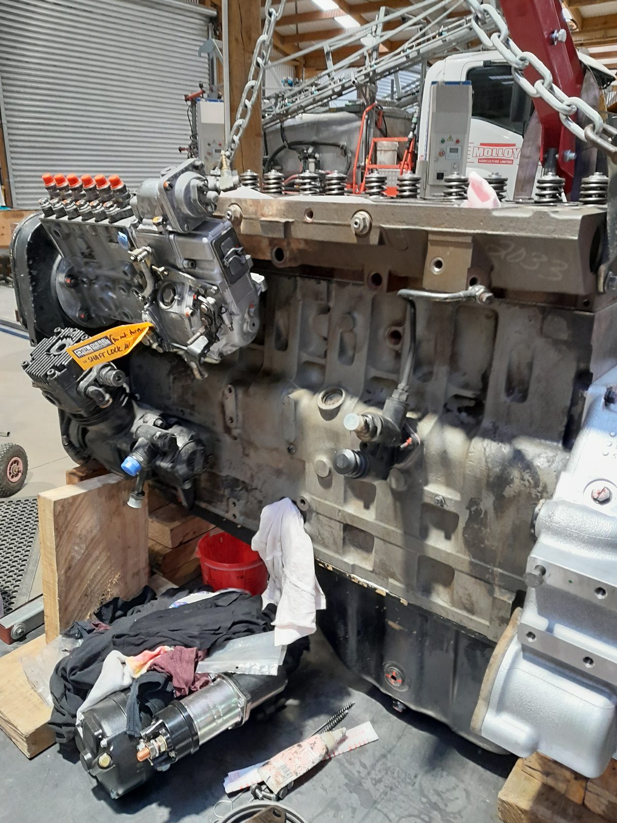 Diesel engine block on the stand mid-rebuild