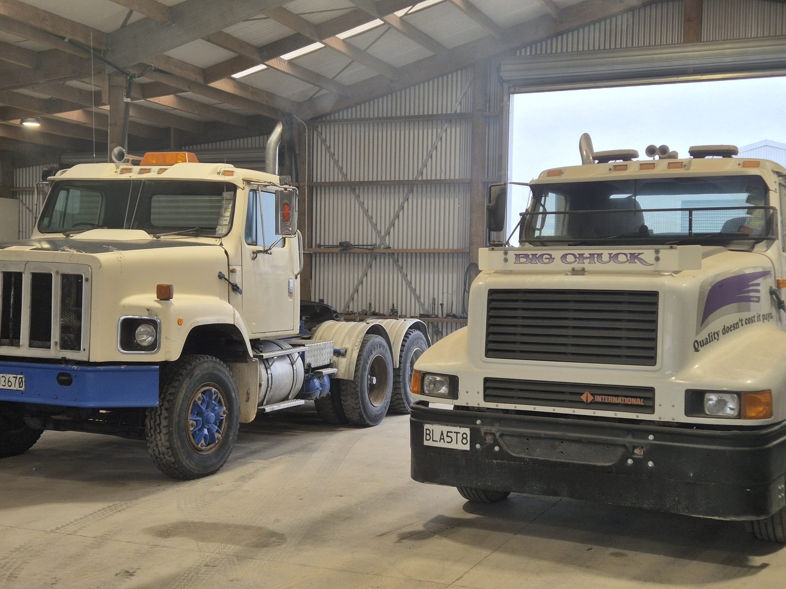 Classic International heavy trucks in the workshop